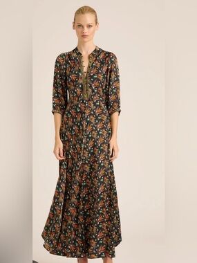 Lola Australia Cotton Maxi Dress in Navy & Brown Floral Print Size L